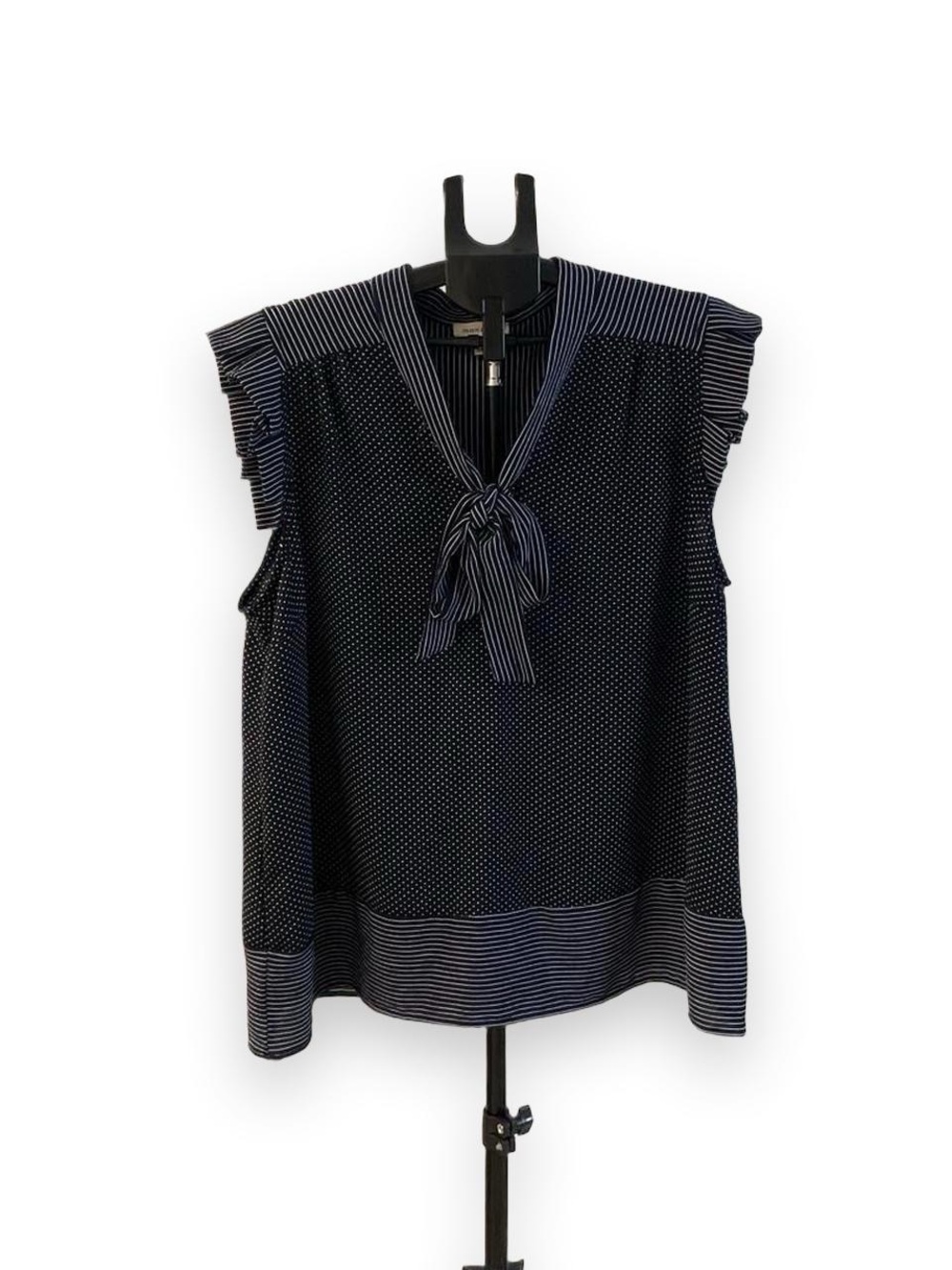 Monteau Navy and White Polka Dot Tie-Neck Blouse